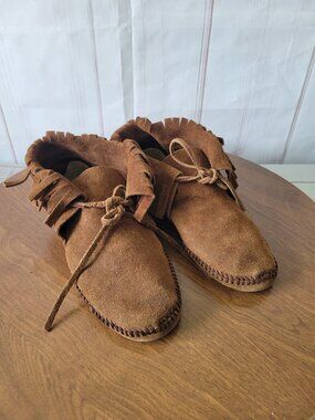 Vintage Authentic Fringe Leather Moccasin’s Slip-on, Tie front, hand made
